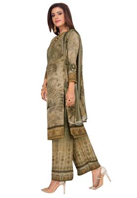 Women's Beige & Mehendi Synthetic Printed Unstitch Dress Material With Dupatta 3
