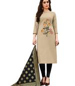 Blissta Women's Beige Cotton Embroidered Dress Material With Banarasi Dupatta