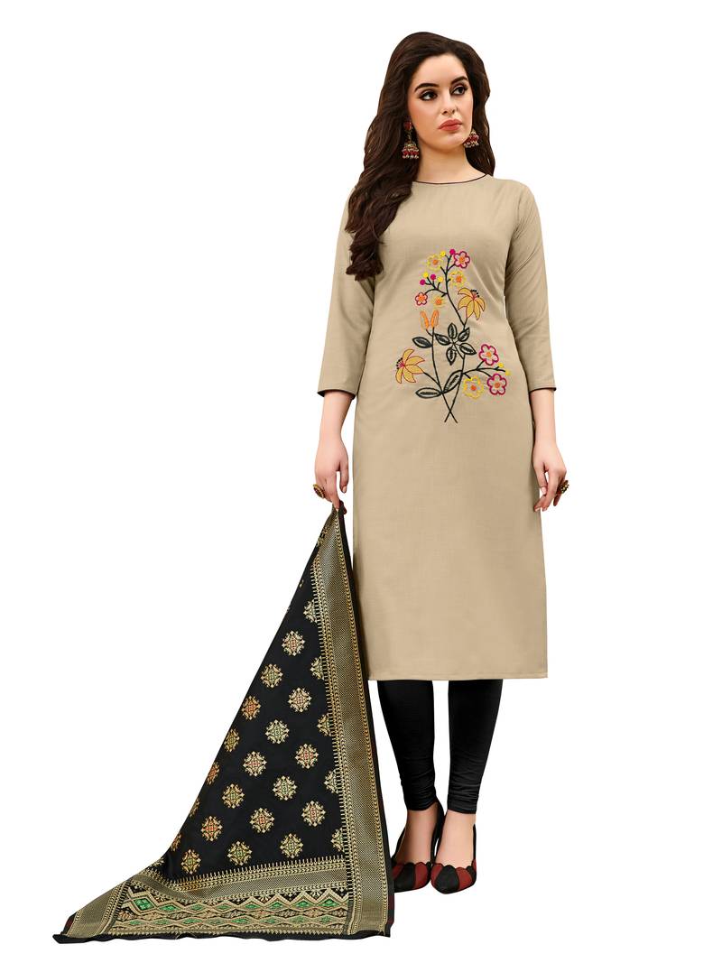 Blissta Women's Beige Cotton Embroidered Dress Material With Banarasi Dupatta