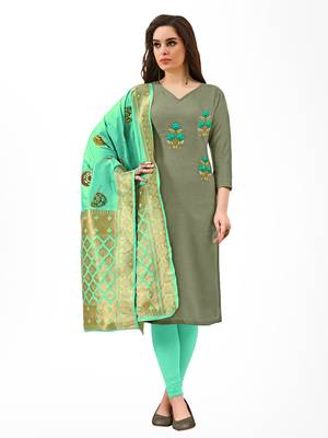 Kimisha Women's Mehandi green Cotton Embroidered Dress Material With Banarasi Dupatta 1