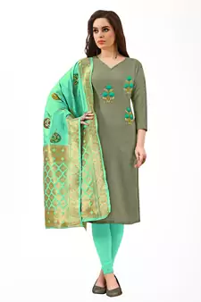 Kimisha Women's Mehandi green Cotton Embroidered Dress Material With Banarasi Dupatta