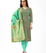 Kimisha Women's Mehandi green Cotton Embroidered Dress Material With Banarasi Dupatta