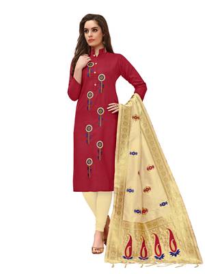 Kimisha Women's Maroon Cotton Embroidered Dress Material With Banarasi Dupatta 1