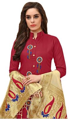 Kimisha Women's Maroon Cotton Embroidered Dress Material With Banarasi Dupatta 2