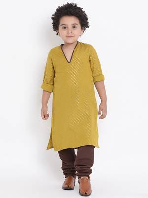 Yellow Plain Cotton Boys Kurta Pyjama 1