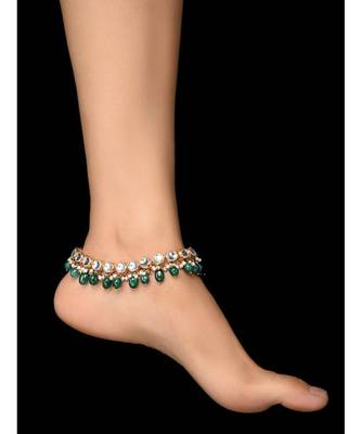 Kundan And Green Stones Anklets - Set Of 2 1