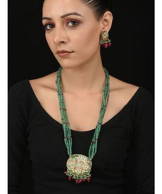 Red And Green Kundan Meenakari Pendant Necklace Set 1