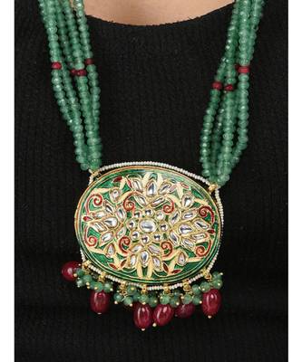 Red And Green Kundan Meenakari Pendant Necklace Set 2
