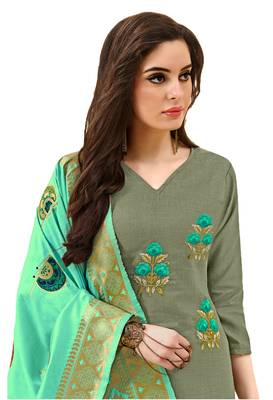Kimisha Women's Mehandi green Cotton Embroidered Dress Material With Banarasi Dupatta 2