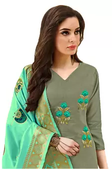 Kimisha Women's Mehandi green Cotton Embroidered Dress Material With Banarasi Dupatta