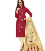 Kimisha Women's Maroon Cotton Embroidered Dress Material With Banarasi Dupatta