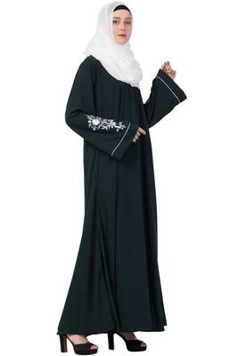 A-Line Designer Abaya With Embroidery (Bottle Green) 3