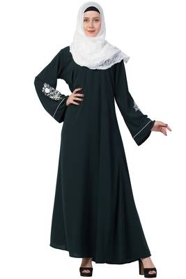 A-Line Designer Abaya With Embroidery (Bottle Green) 4