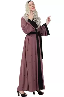 Front Open Dubai Abaya With Belt And Dotted Embroidery