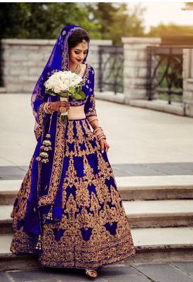 Blue Embroidered Velvet Semi Stitched Lehenga 1