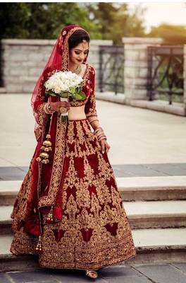 Red Embroidered Velvet Semi Stitched Lehenga 1