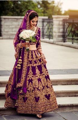 Wine Embroidered Velvet Semi Stitched Lehenga 1