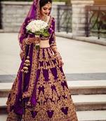 Wine Embroidered Velvet Semi Stitched Lehenga