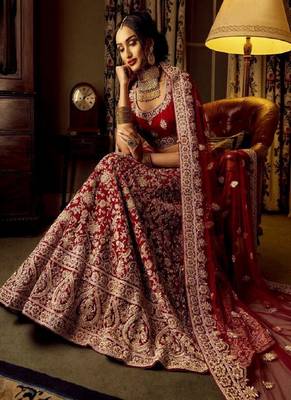 Maroon Embroidered Silk Semi Stitched Lehenga 1