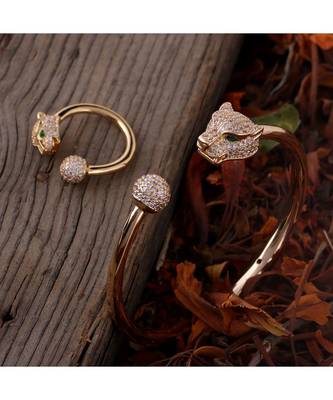 Cubic Zirconia Golden Tiger Design Bracelet Ring Combo 1