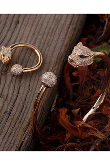 Cubic Zirconia Golden Tiger Design Bracelet Ring Combo