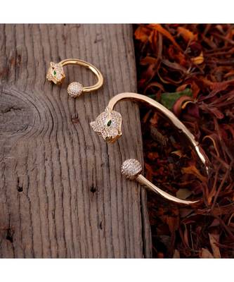 Cubic Zirconia Golden Tiger Design Bracelet Ring Combo 2