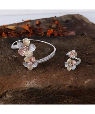 Cubic Zirconia Golden Silver Rose Gold Flower Design Bracelet Ring Combo 1