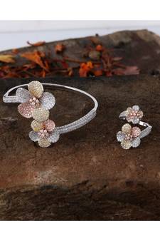 Cubic Zirconia Golden Silver Rose Gold Flower Design Bracelet Ring Combo