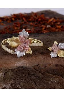 Cubic Zirconia Golden Silver Rose Gold Flower Design Bracelet Ring Combo