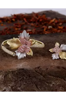 Cubic Zirconia Golden Silver Rose Gold Flower Design Bracelet Ring Combo