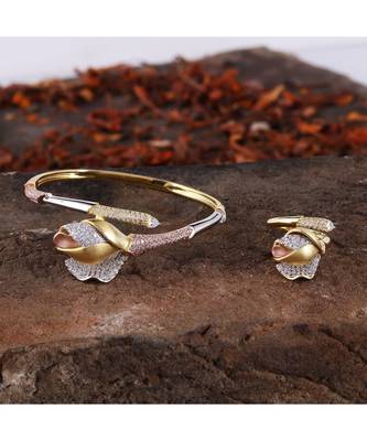 Cubic Zirconia Golden Silver Rose Gold Rose Design Bracelet Ring Combo 1