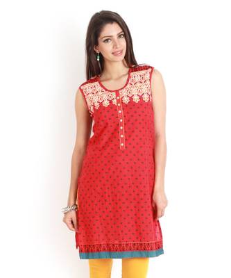 Red Cambric Short Sleeve Straight Long Kurta 1