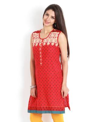 Red Cambric Short Sleeve Straight Long Kurta 2
