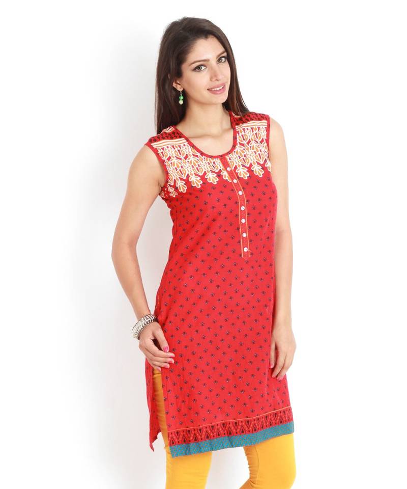 Red Cambric Short Sleeve Straight Long Kurta
