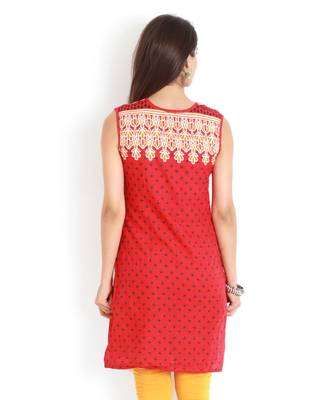 Red Cambric Short Sleeve Straight Long Kurta 4