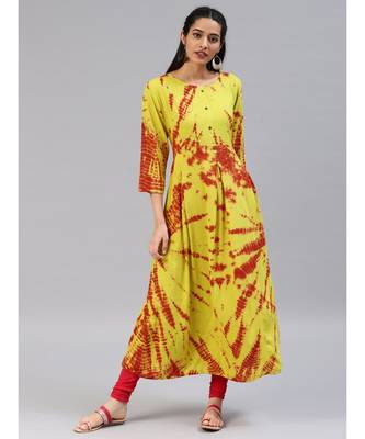 Mustard printed rayon stitched kurti 1