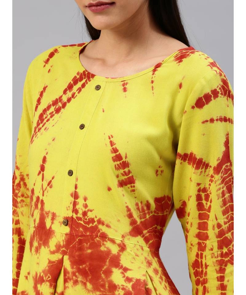 Mustard printed rayon stitched kurti
