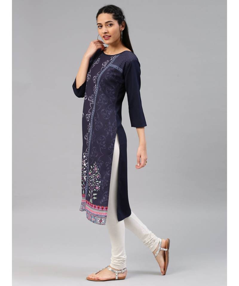 Blue printed polyester stitched kurti