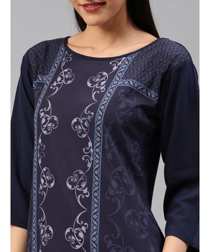 Blue printed polyester stitched kurti