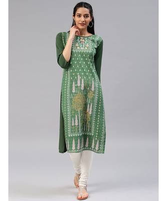 Green printed polyester stitched kurti 1