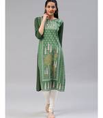 Green printed polyester stitched kurti