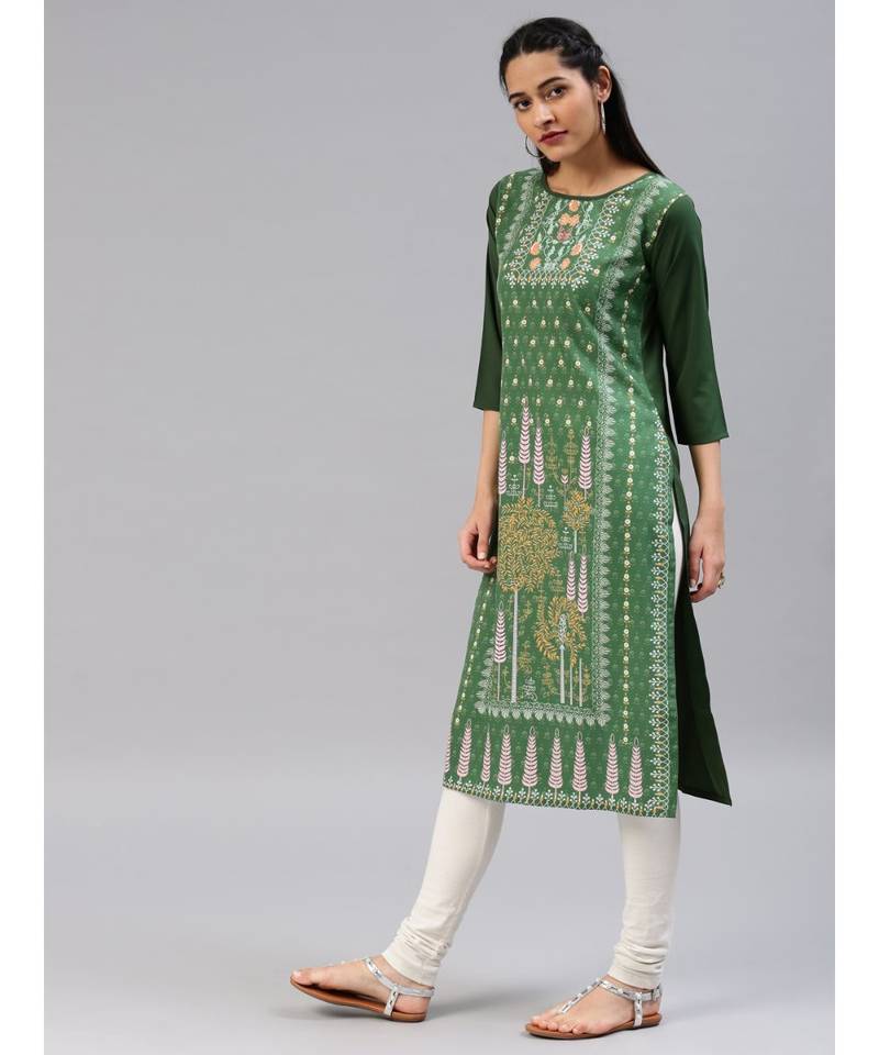 Green printed polyester stitched kurti