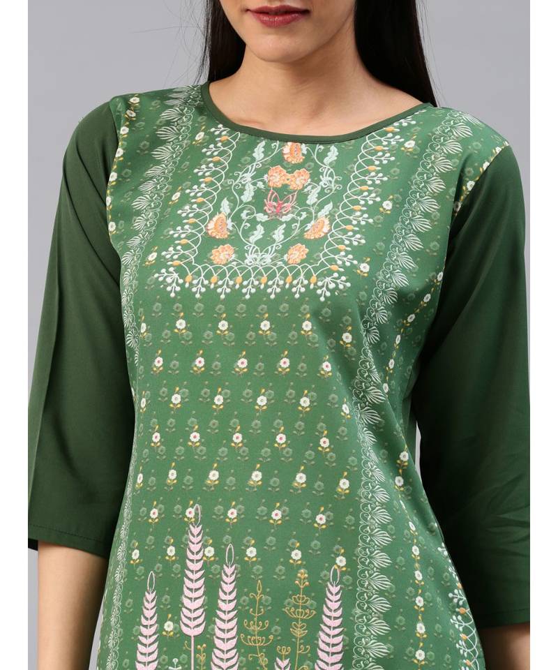Green printed polyester stitched kurti
