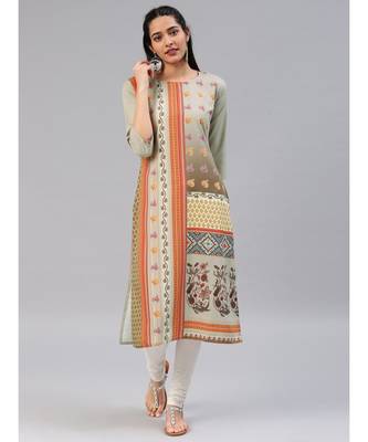 Beige printed polyester stitched kurti 1