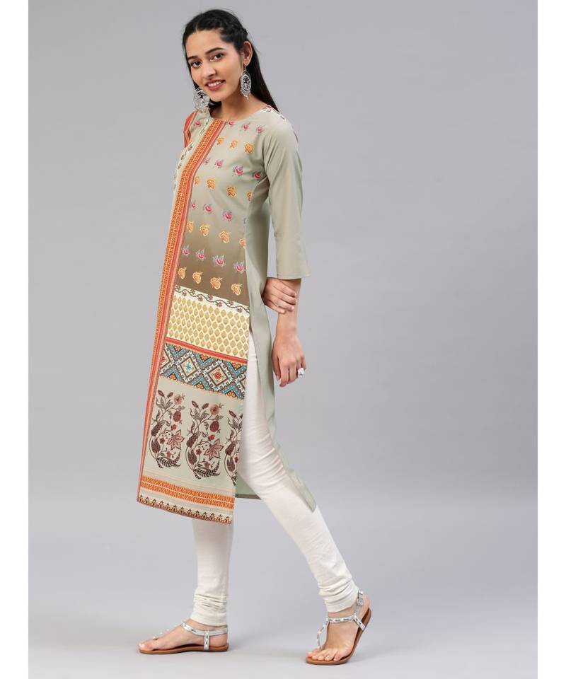 Beige printed polyester stitched kurti