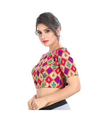 Multicolor Padded Back Open Blouse  In Jacquard Fabric. 4