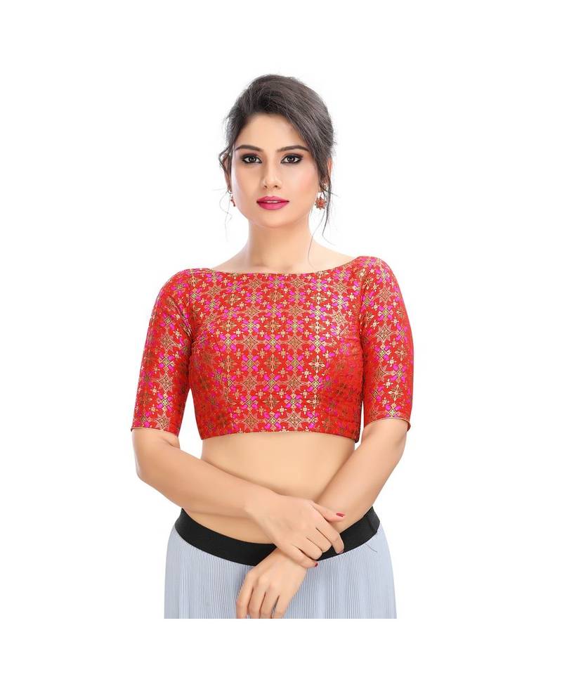 Red Padded Back Open Blouse  In Jacquard Fabric.