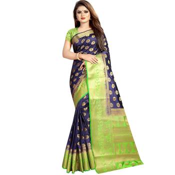 Blue woven pure organza saree with blouse 1
