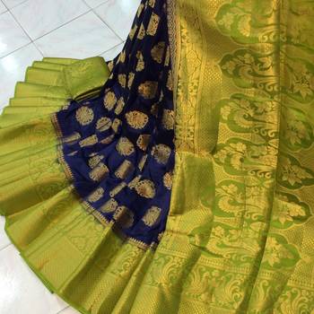 Blue woven pure organza saree with blouse 3