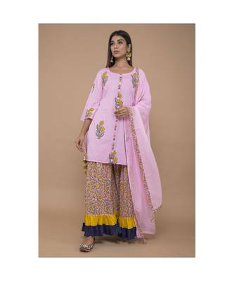 Pink Cotton Kurta Sharara with Dupatta in Floral Print 1